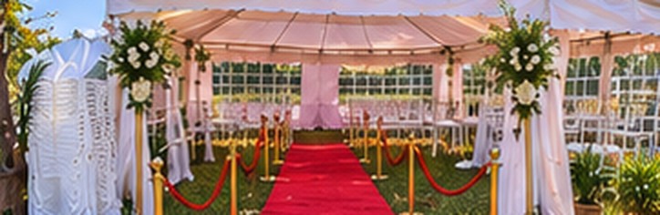 Decorated tent entrance with red carpet and gold stanchions