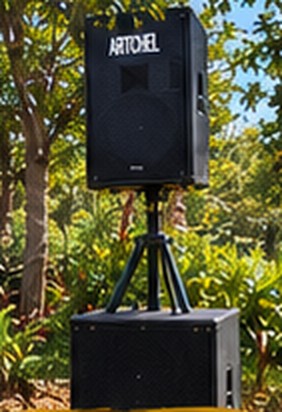 PA speaker on a stand with subwoofer