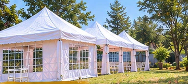 Row of white event tents and gazebos
